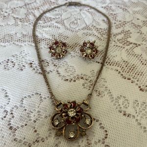 Beautiful Vintage Maroon Flower Necklace and Screw On Earring Set